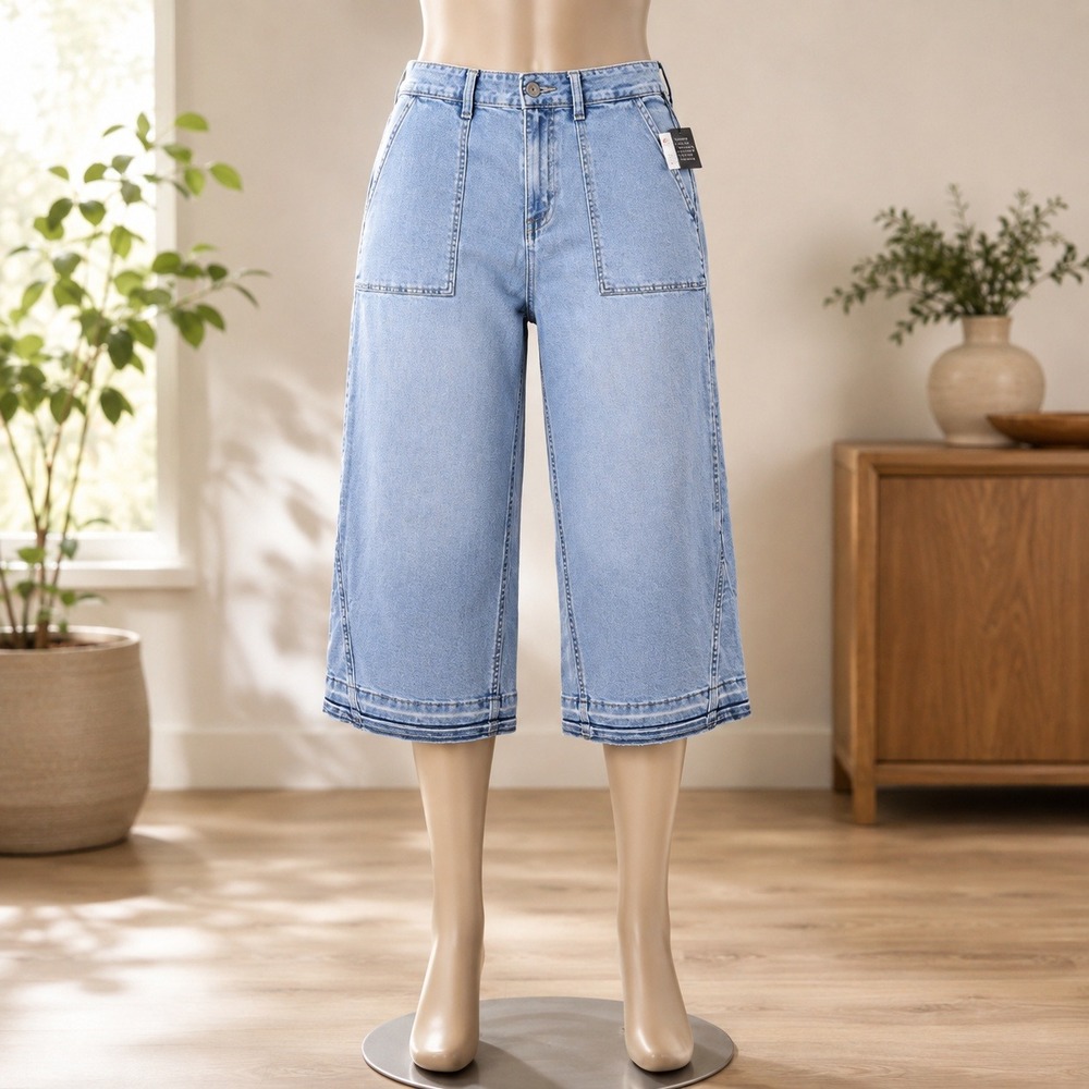 NWT Denim & Co Jeans Women 16P Blue Wide Leg Crop Released Hem Patch Pocket